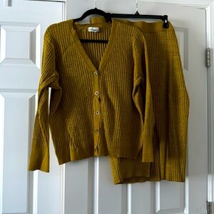 Chartreuse Cardigan sweater and splint front sweater skirt